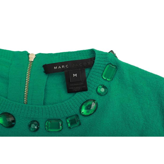 Marc Jacobs Green 100% Wool Knit Pockets  $ Bows Beaded Sweater Top size M