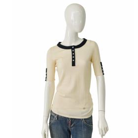 Gucci Cream &amp; Black Trim Buttons Cashmere Top Short sleeve Knit Blouse size M