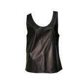 Michael Kors Collection Black Leather Back Zipper Sleeveless Tank Top size M