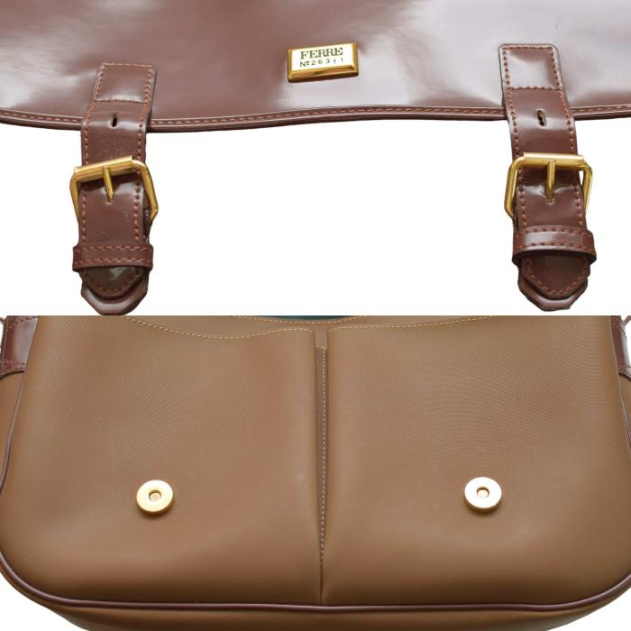 Gianfranco Ferre Brown Canvas Patent Leather Flap Top Shoulder Bag Handbag