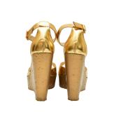 Jimmy Choo Gold Leather T - strap Sandals Wedges Heel Platform Shoes size 41