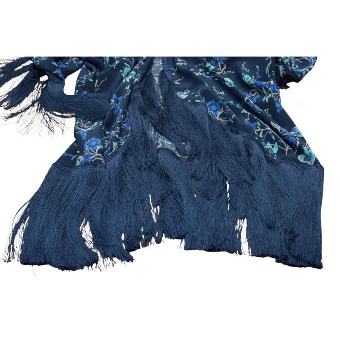 Athena Procopiou Blue Floral Open Front Silk Cardi Cardigan Fringes one size OS