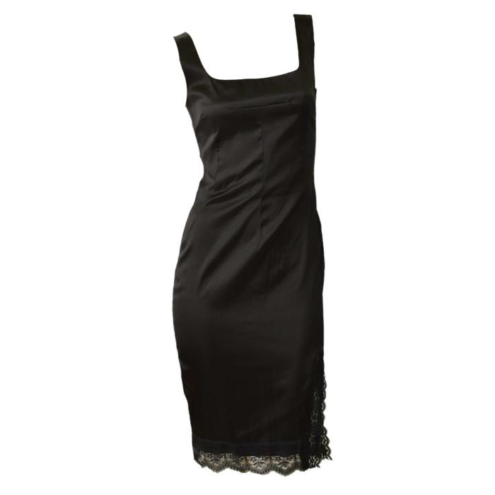 Dolce & Gabbana Black Lace Hemline Knee Length Sleeveless Tank Slip Dress SZ 42