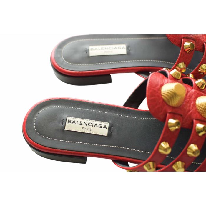 Balenciaga Red Leather Arena Gold Studded Flat Slides Sandal Shoes size 37