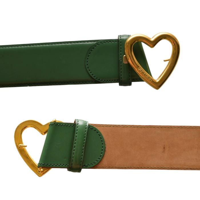 Moschino Green Shiny Leather Large Gold Tone Heart Buckle Belt size 44