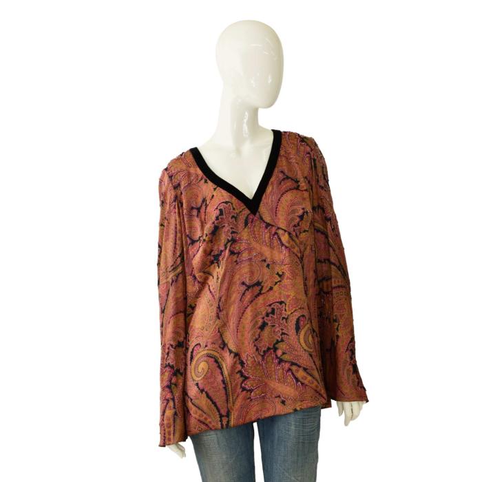 Carmen Marc Valvo Silk Multicolor Beaded Tunic Paisley V- Neckline Top Blouse