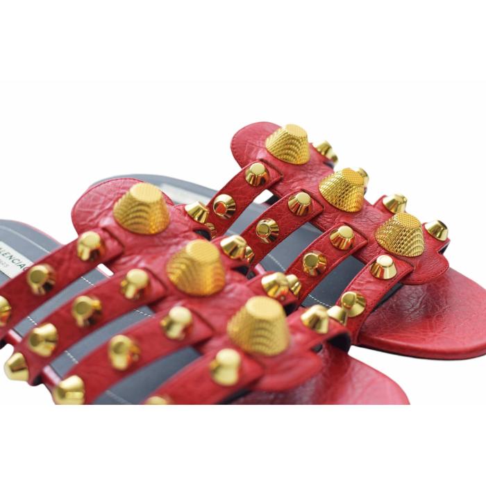 Balenciaga Red Leather Arena Gold Studded Flat Slides Sandal Shoes size 37