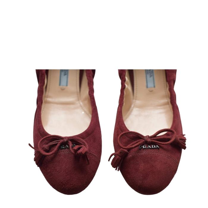 Prada Burgundy Suede Leather Round Toe Bow Logo Ballerina Flats Shoes 36.5