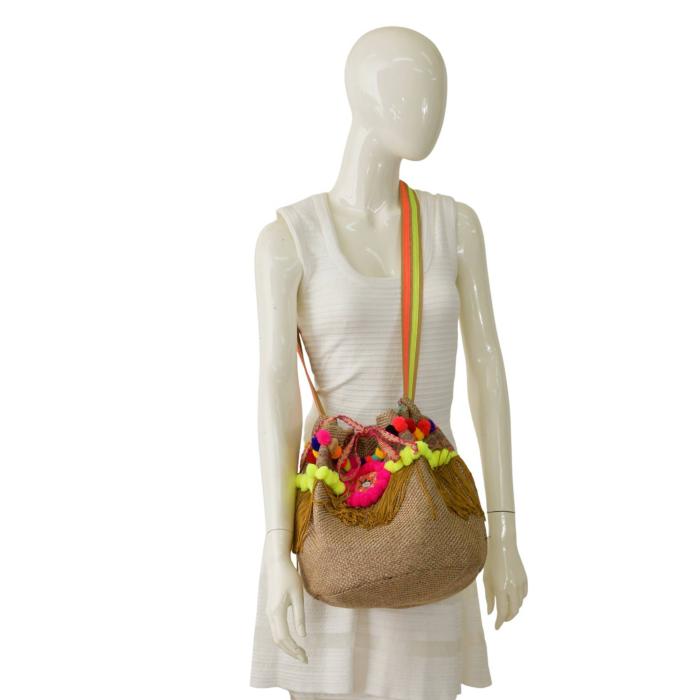 Ruby Yaya Jute & Cotton Fringes Pom Pom Pouch Shoulder Crossbody Bag Summer