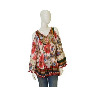 Antica Sartoria Floral Embroidery Cold Shoulders Pom Poms Tunic Blouse Top OS