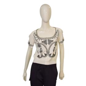 Roberto Cavalli Class Off White &amp; Black Embroidered  Beaded  Blouse Top sz 46