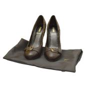 Fendi Brown Leather Monogram Zucca Details B Buckle Shoes Wedge Heels size 37