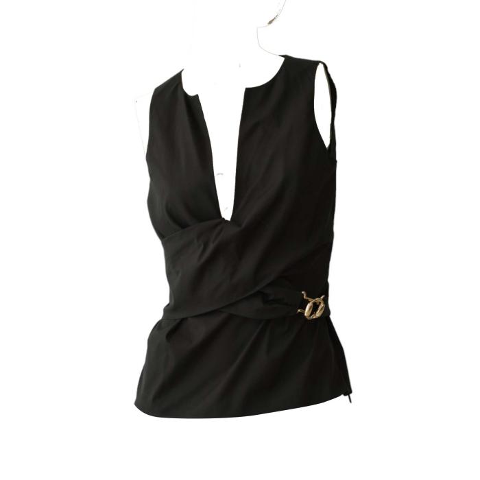 Gucci Black Cotton Tank Top Sleeveless with tie waist Blouse size 40