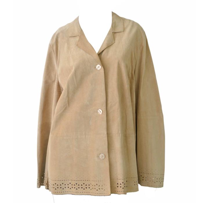 Marina Rinaldi Sport Beige Suede Leather Button Jacket size 27 w. Laser Cuts