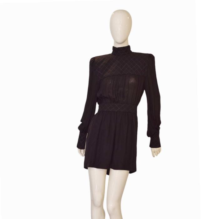 Balmain Black Silk Quilted High Neck Long Sleeve Mini Length Zipper Dress 38