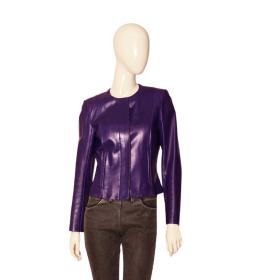 Celine Purple Leather Button Down Collarless Fitted Waist Jacket Size 38