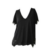 Helmut Lang Black w. Lace Trimming Short Sleeve V Neckline T-shirt Blouse Top M