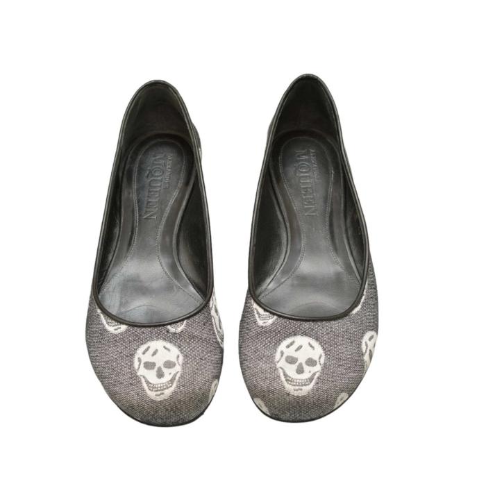 Alexander McQueen Gray Canvas Skulls Ballerinas Flat Shoes Rubber Soles size 40