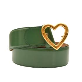 Moschino Green Shiny Leather Large Gold Tone Heart Buckle Belt size 44