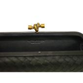 Bottega Veneta black intrecciato woven leather knot clutch bag brass tone harware