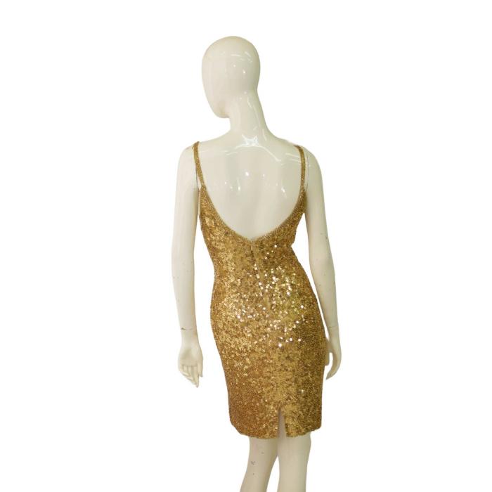 Modissa Gold Fully Sequined Silk Mini Length Sleeveless Spaghetti Dress size S