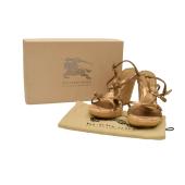 Burberry gold leather straps espadrille wedges raffia heels sandals shoes 40