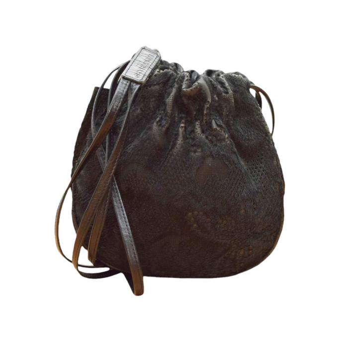 Longchamp Black Calf Hair & Leather Drawstring Small Pouch Bag Crossbody Shoulder