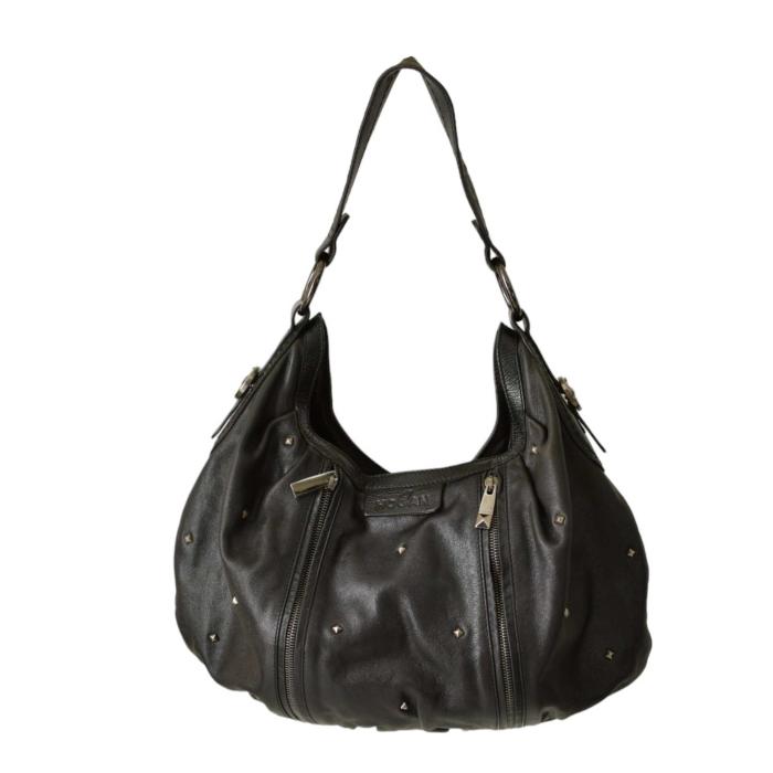 Hogan Black Leather Silver Tone Studs Shoulder Strap Handbag Zipper top Hobo Bag