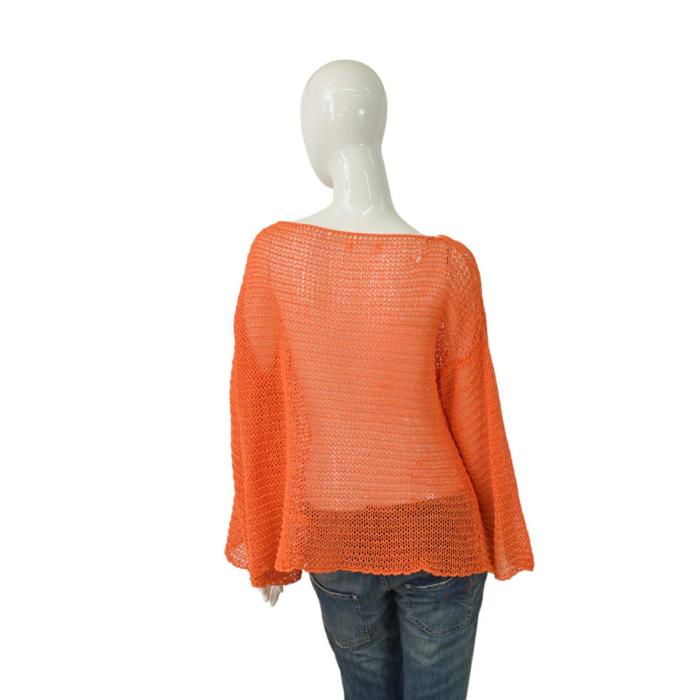 Vicolo Glittery Orange Open Knit Perforated Lightweight Sweater Top