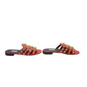 Balenciaga Red Leather Arena Gold Studded Flat Slides Sandal Shoes size 37