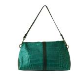 Burberry Green Crocodile Embossed Leather Fold Over Handbag Shoulder Bag w. Clip