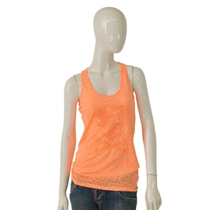 Philipp Plein Orange Leopard Print Skull Mickey Ears Tank Racer Back Top Size M