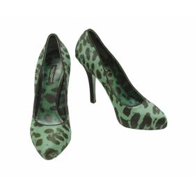 Dolce &amp; Gabbana Green Leopard Print Calf Hair Almond Toe Pumps Heels Shoes 37.5