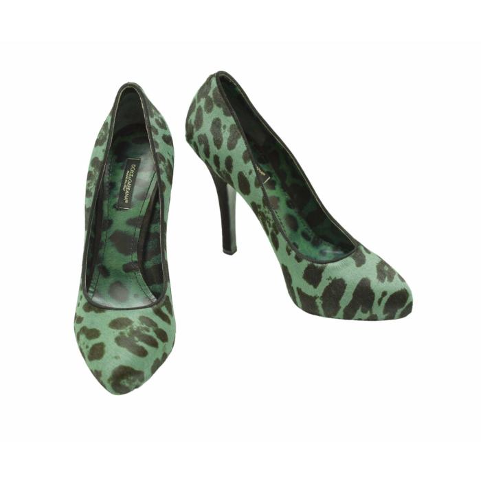 Dolce & Gabbana Green Leopard Print Calf Hair Almond Toe Pumps Heels Shoes 37.5