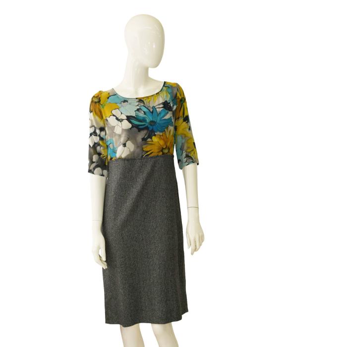 Dolce & Gabbana Silk Floral Woolen Herringbone Knee Length Dress Size 46