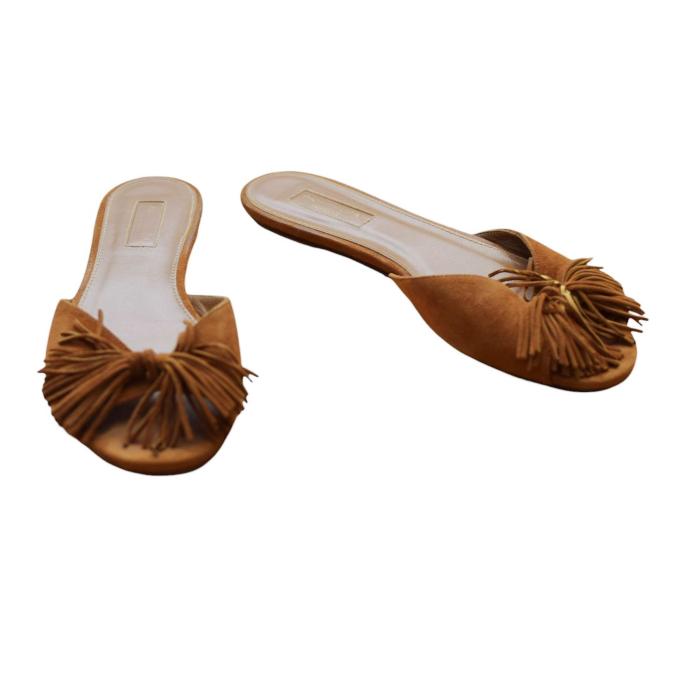 Aquazzura Brown Suede Tassels Fringes Flat Slides Sandal Shoes size 37.5