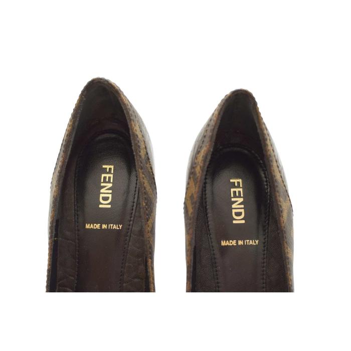 Fendi Brown Leather Monogram Zucca Details B Buckle Shoes Wedge Heels size 37