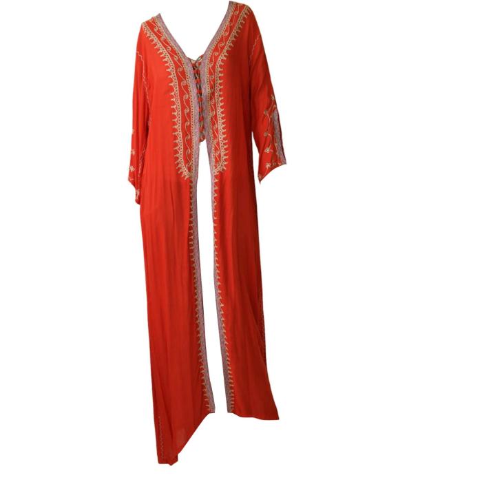 Dar Mode Red Ethnic Embroidered Cotton Long Caftan Cardi Cardigan size 2, New