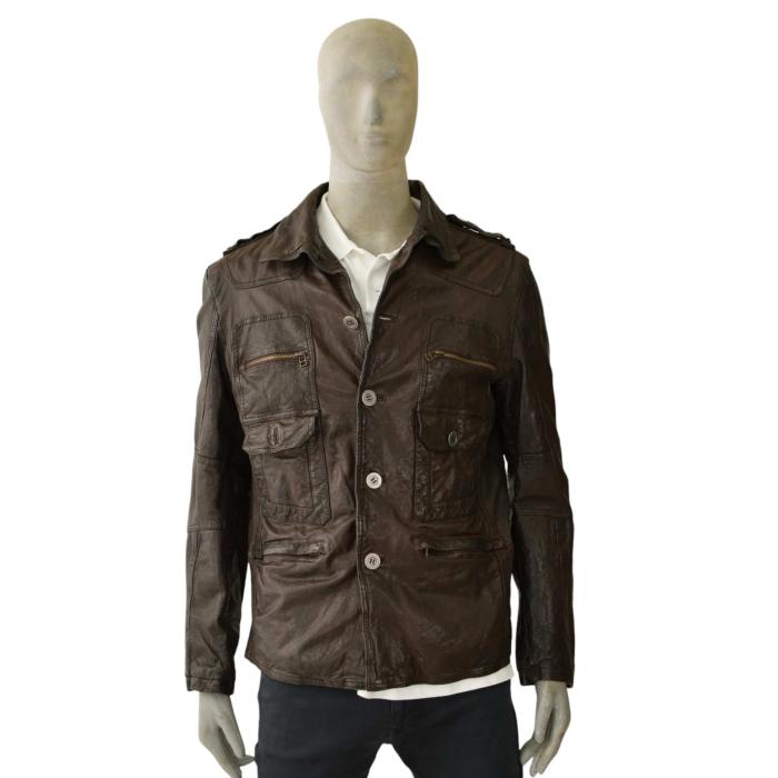 B2 Cats & Moon Back Brown leather Button Front Men Leather Jacket size S