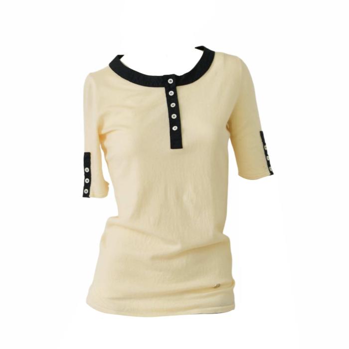 Gucci Cream & Black Trim Buttons Cashmere Top Short sleeve Knit Blouse size M