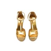 Jimmy Choo Gold Leather T - strap Sandals Wedges Heel Platform Shoes size 41