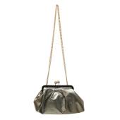 Katerina Psoma Silver Leather Gold Chain Kiss Lock Frame Clutch Bag Handbag