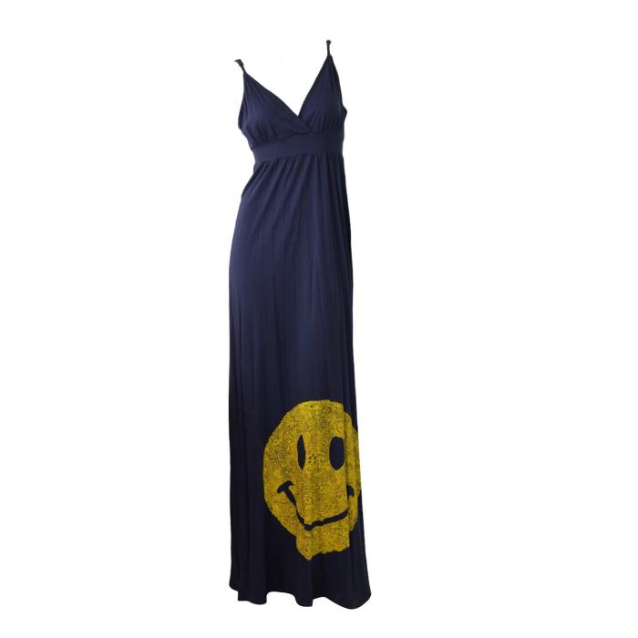 Lauren Moshi Blue Cotton Smiley Happy Face Spaghetti Straps Summer Long dress L