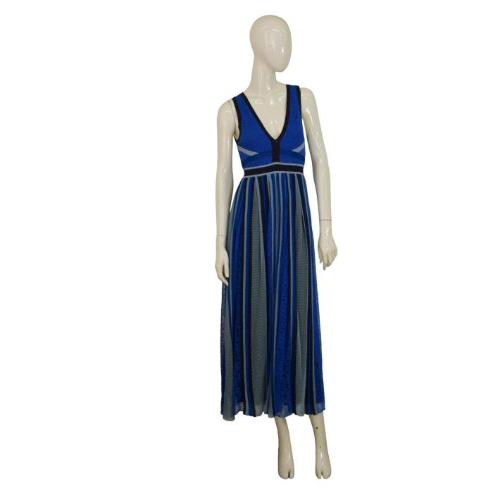 Nenette Milano Blue Viscose Knit Sleeveless Pleated Summer Maxi Dress