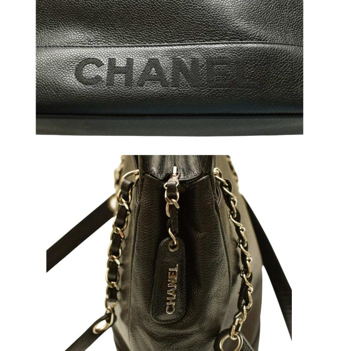 CHANEL Vintage Black Caviar Leather large tote bag with silver tone hardware