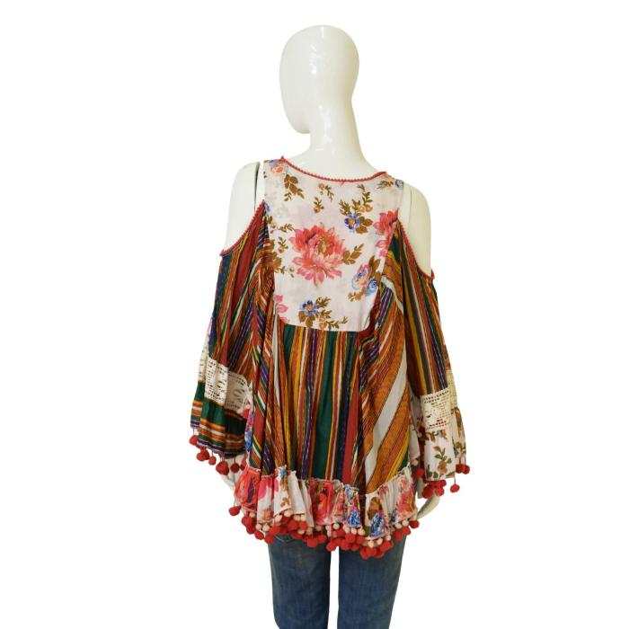 Antica Sartoria Floral Embroidery Cold Shoulders Pom Poms Tunic Blouse Top OS