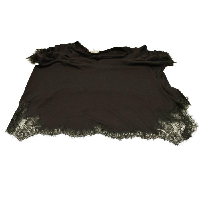 Helmut Lang Black w. Lace Trimming Short Sleeve V Neckline T-shirt Blouse Top M