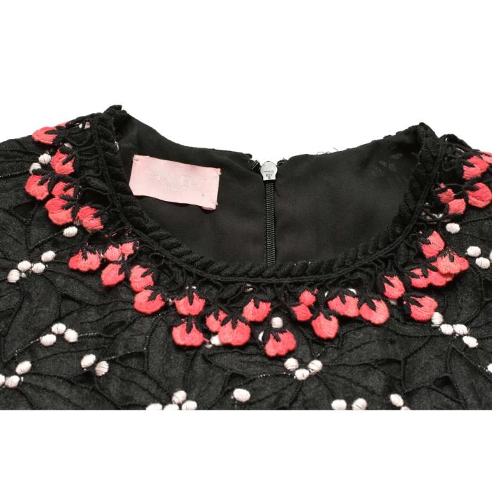 Giamba Black Floral Embroidered Lace Pink Roses Mini Length Cocktail Dress S