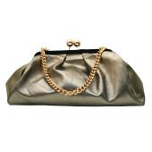 Katerina Psoma Silver Leather Gold Chain Kiss Lock Frame Clutch Bag Handbag