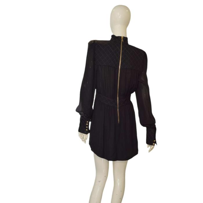 Balmain Black Silk Quilted High Neck Long Sleeve Mini Length Zipper Dress 38